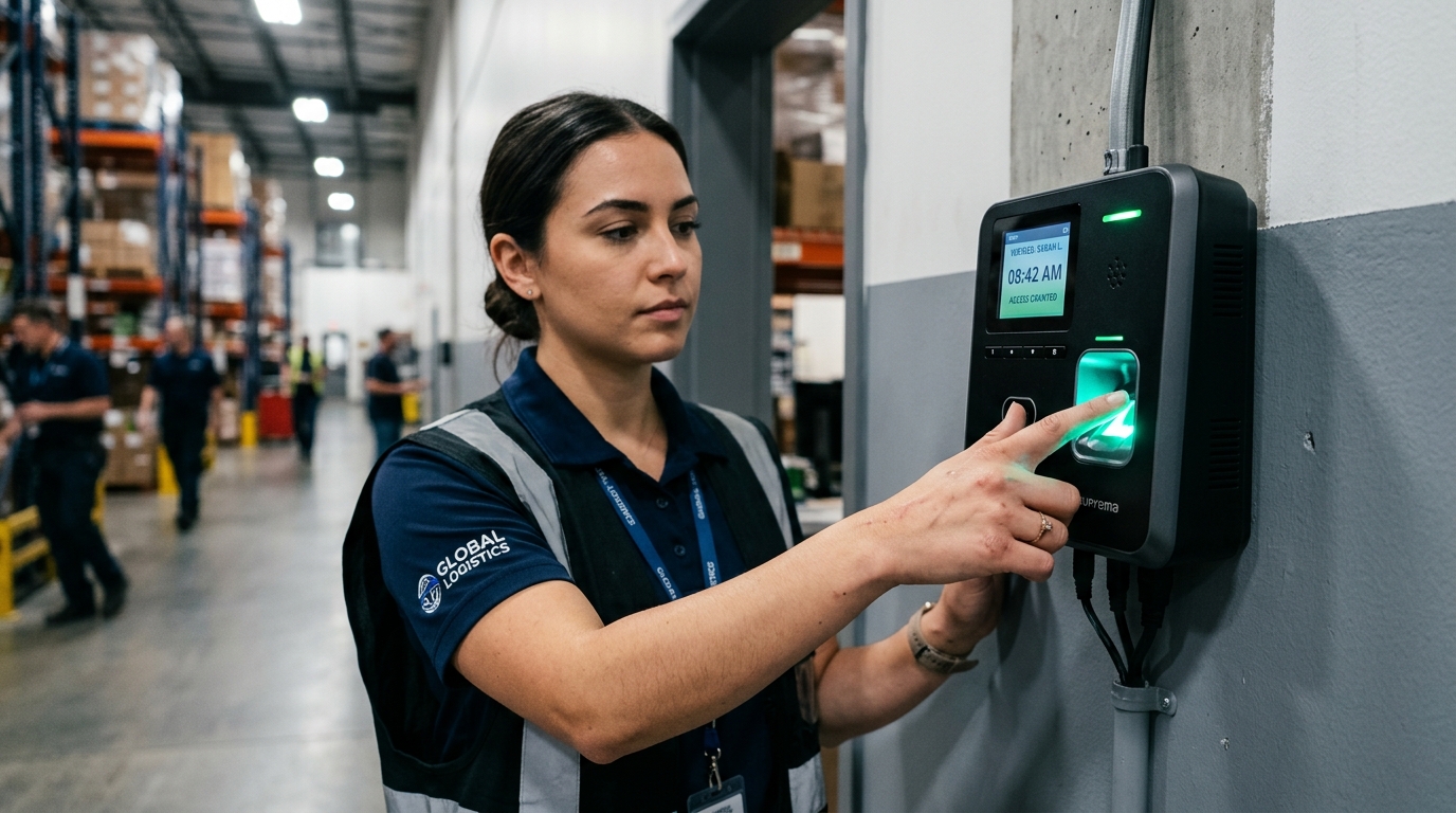 Industrial employee clocking in at a wall-mounted biometric fingerprint time clock terminal